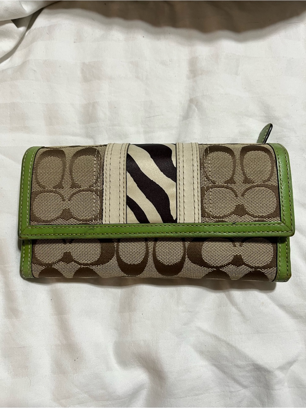 Coach Beige Signature Canvas Wallet with Green Trim and Zebra Accent